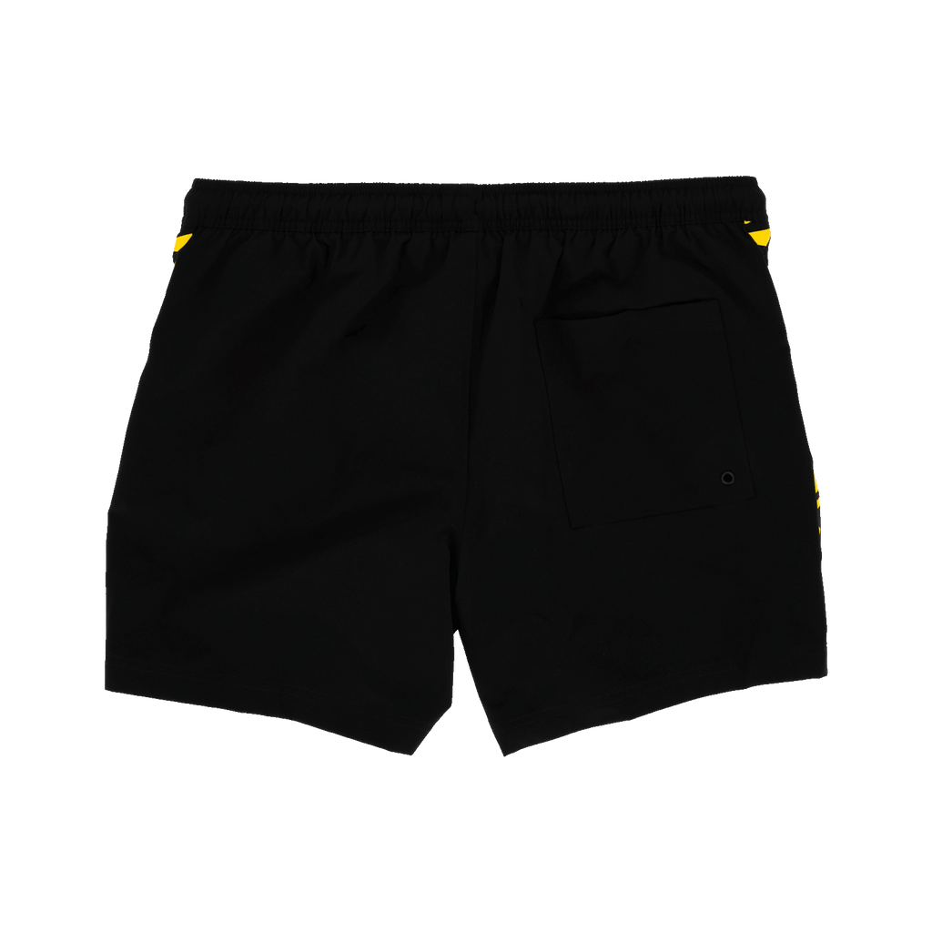 Black-and-yellow BVB swim trunks with a distinctive design and the BVB logo; the back view shows the pocket—the perfect accessory for fans.