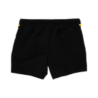 Black-and-yellow BVB swim trunks with a distinctive design and the BVB logo; the back view shows the pocket—the perfect accessory for fans.