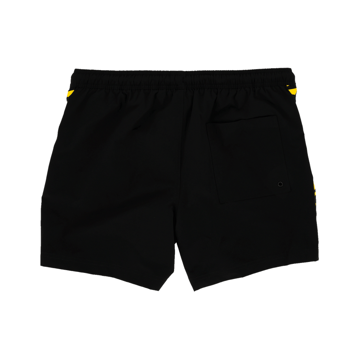 Black-and-yellow BVB swim trunks with a distinctive design and the BVB logo; the back view shows the pocket—the perfect accessory for fans.
