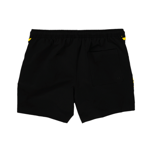 Maillot de bain noir et jaune du BVB au design caractéristique et arborant le logo du BVB ; vue arrière montrant la poche ; l'accessoire idéal pour les supporters.