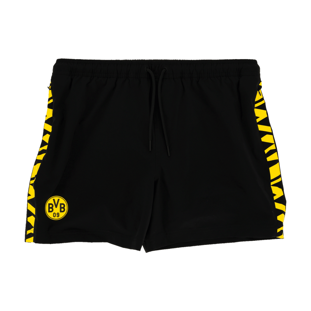 Schwarze BVB-Badehose mit gelb-schwarzen Streifen an den Seiten und BVB-Logo auf der Vorderseite. Perfekt für Fans von Borussia Dortmund.
