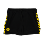Black BVB swim trunks with yellow-and-black stripes on the sides and the BVB logo on the front. Perfect for Borussia Dortmund fans.