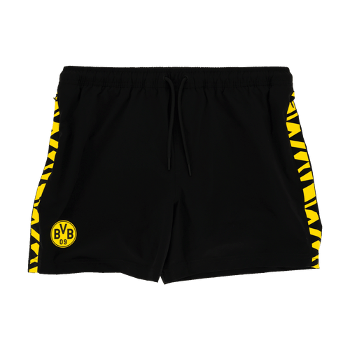 Maillot de bain noir du BVB avec des rayures jaunes et noires sur les côtés et le logo du BVB sur le devant. Idéal pour les fans du Borussia Dortmund.