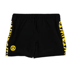 Black BVB swim trunks with yellow-and-black stripes on the sides and the BVB logo on the front. Perfect for Borussia Dortmund fans.