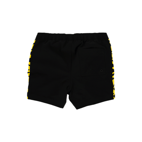 Rear view of black-and-yellow BVB swim trunks for kids, featuring an eye-catching yellow striped design on the sides and a back pocket.