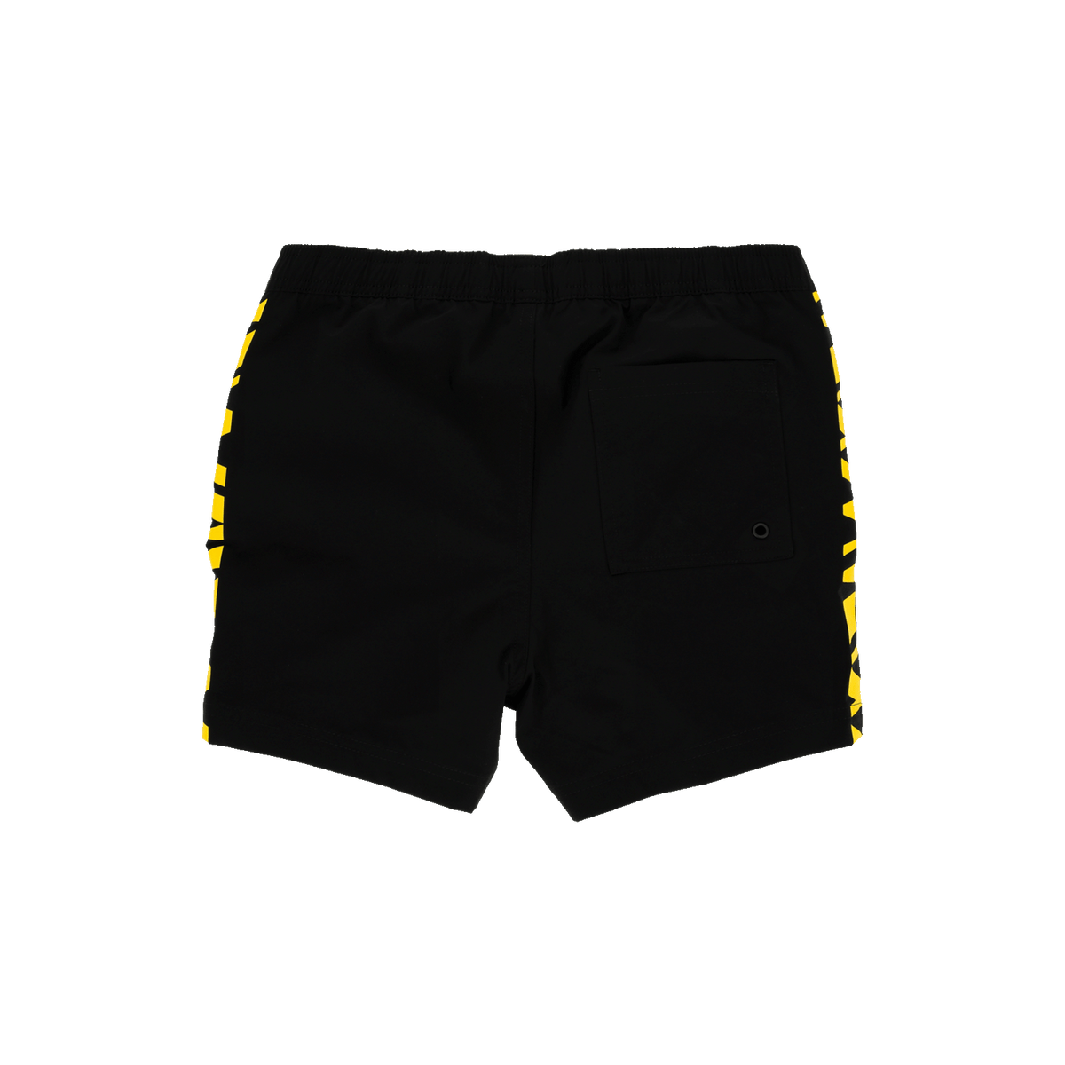 Vista trasera de un bañador del BVB para niños, en colores negro y amarillo, con un llamativo diseño de rayas amarillas en los laterales y un bolsillo trasero.