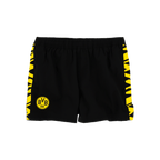 Maillot de bain noir pour enfant, avec des rayures jaunes sur les côtés et un logo BVB bien visible sur le devant.