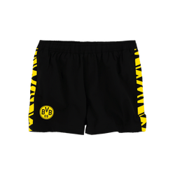 Costume da bagno nero da bambino con strisce gialle sui lati e un logo BVB ben visibile sul davanti.