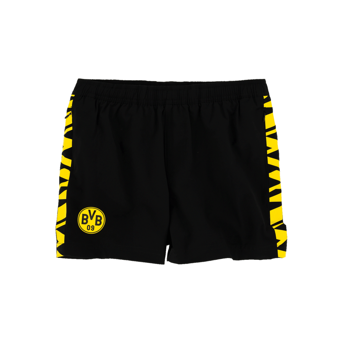 Bañador infantil negro con rayas amarillas en los laterales y el logotipo del BVB bien visible en la parte delantera.