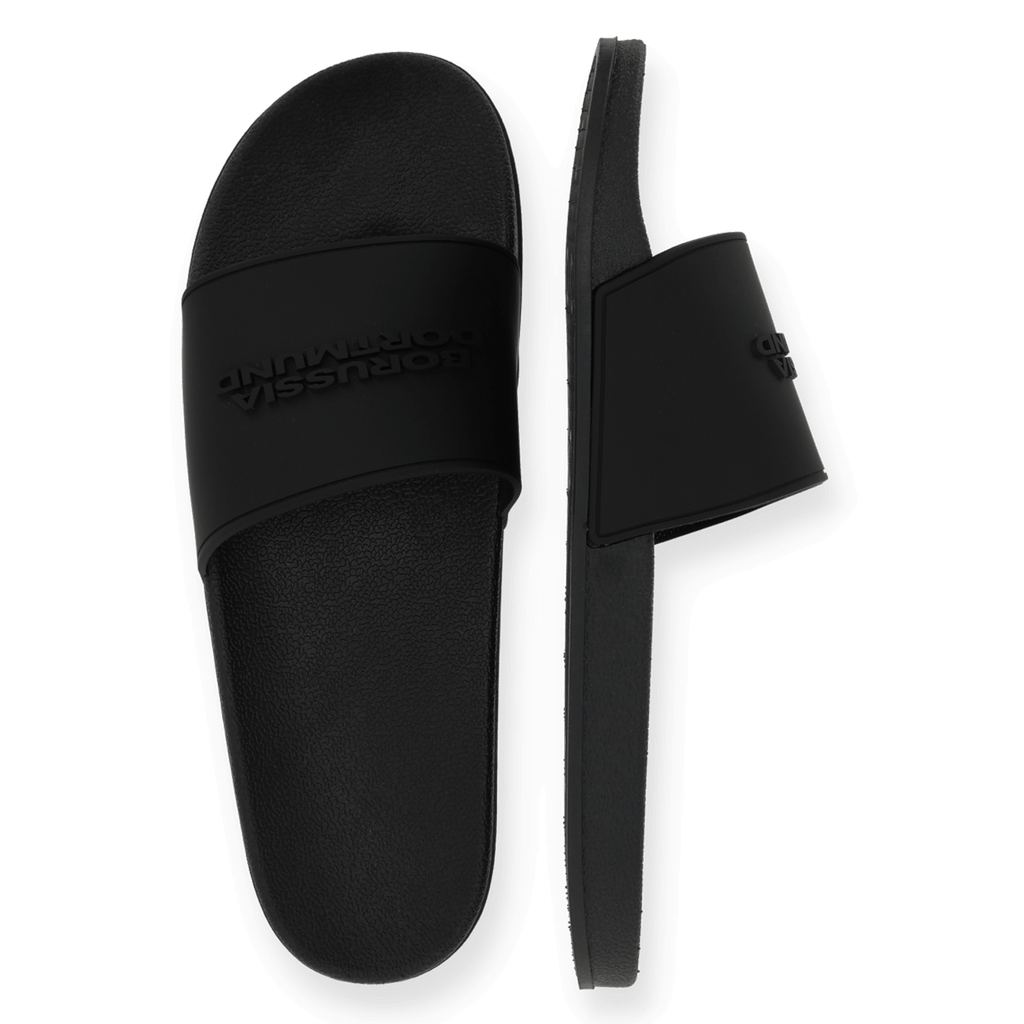Black BVB bath slippers with "Borussia Dortmund" lettering, suitable for leisure and sports activities.