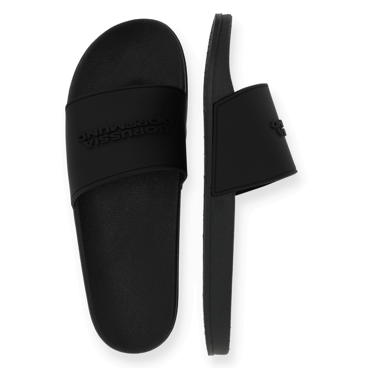 Black BVB bath slippers with "Borussia Dortmund" lettering, suitable for leisure and sports activities.