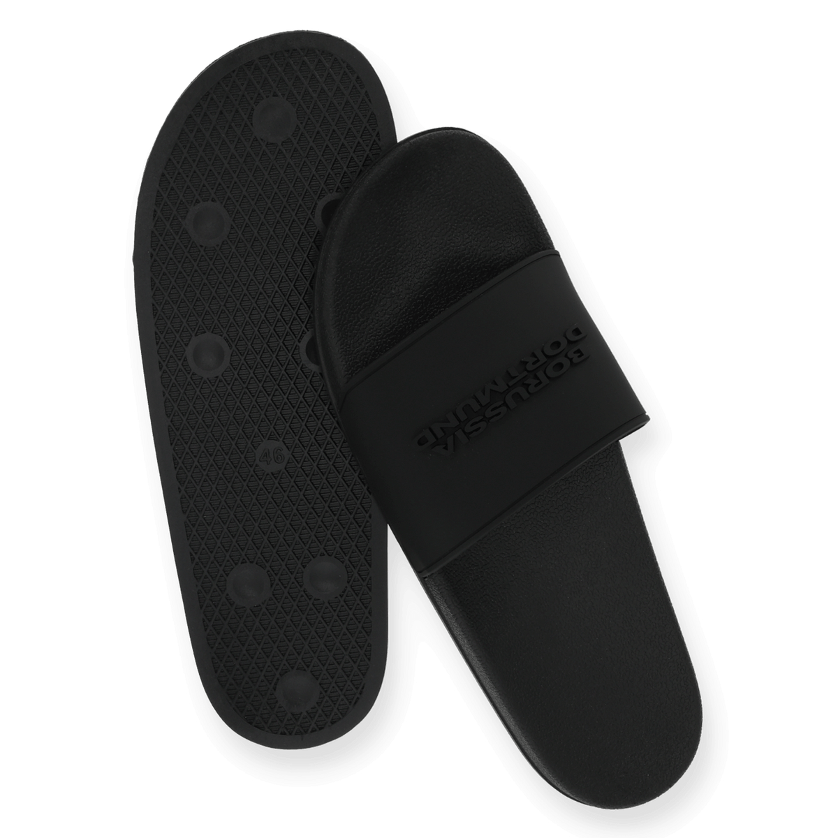 Black BVB flip-flops with an embossed Borussia Dortmund logo on the strap and a non-slip sole—perfect for leisure and trips to the stadium.