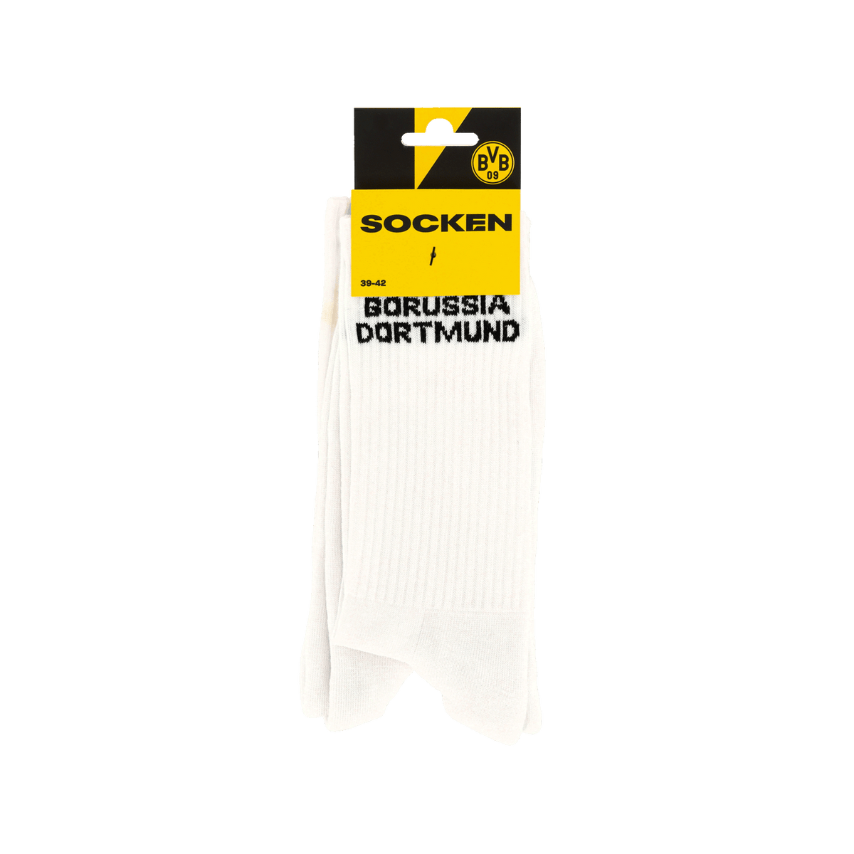Set da 2 paia di calzini da tifoso del BVB bianchi con la scritta “Borussia Dortmund” in nero, confezione ufficiale del merchandising del BVB con il logo del BVB e un design giallo.