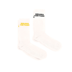 Set da 2 paia di calzini BVB Urban bianchi con la scritta "Borussia Dortmund" in nero e giallo, ideali come articoli per i tifosi da indossare tutti i giorni.