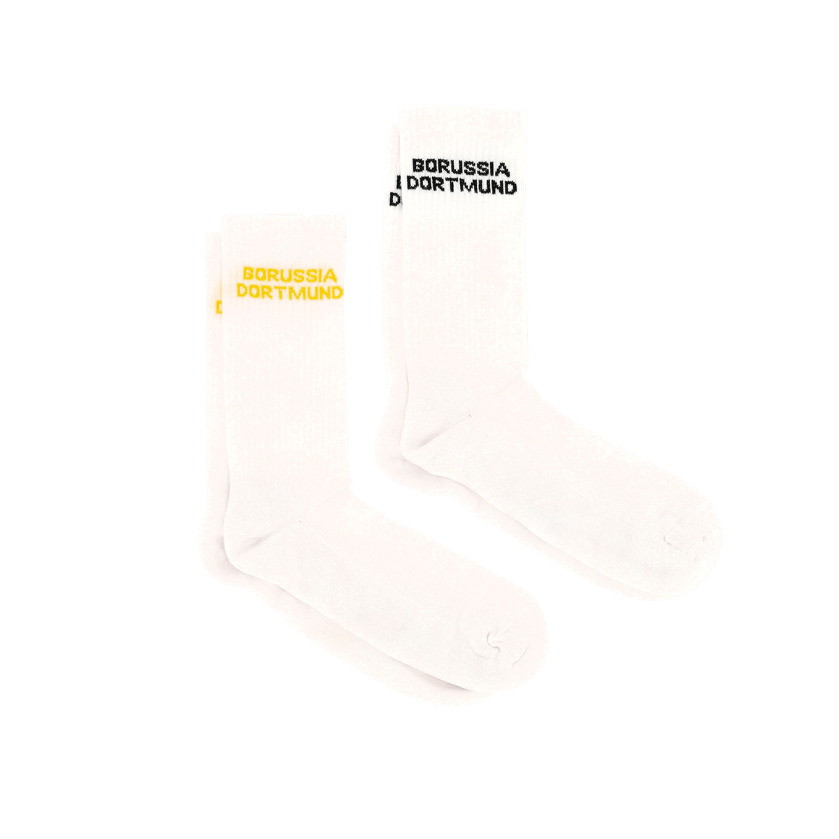 2er-Set BVB Urban Socken in Weiß mit Borussia Dortmund Schriftzug in Schwarz und Gelb, ideal als Fanartikel für den Alltag.