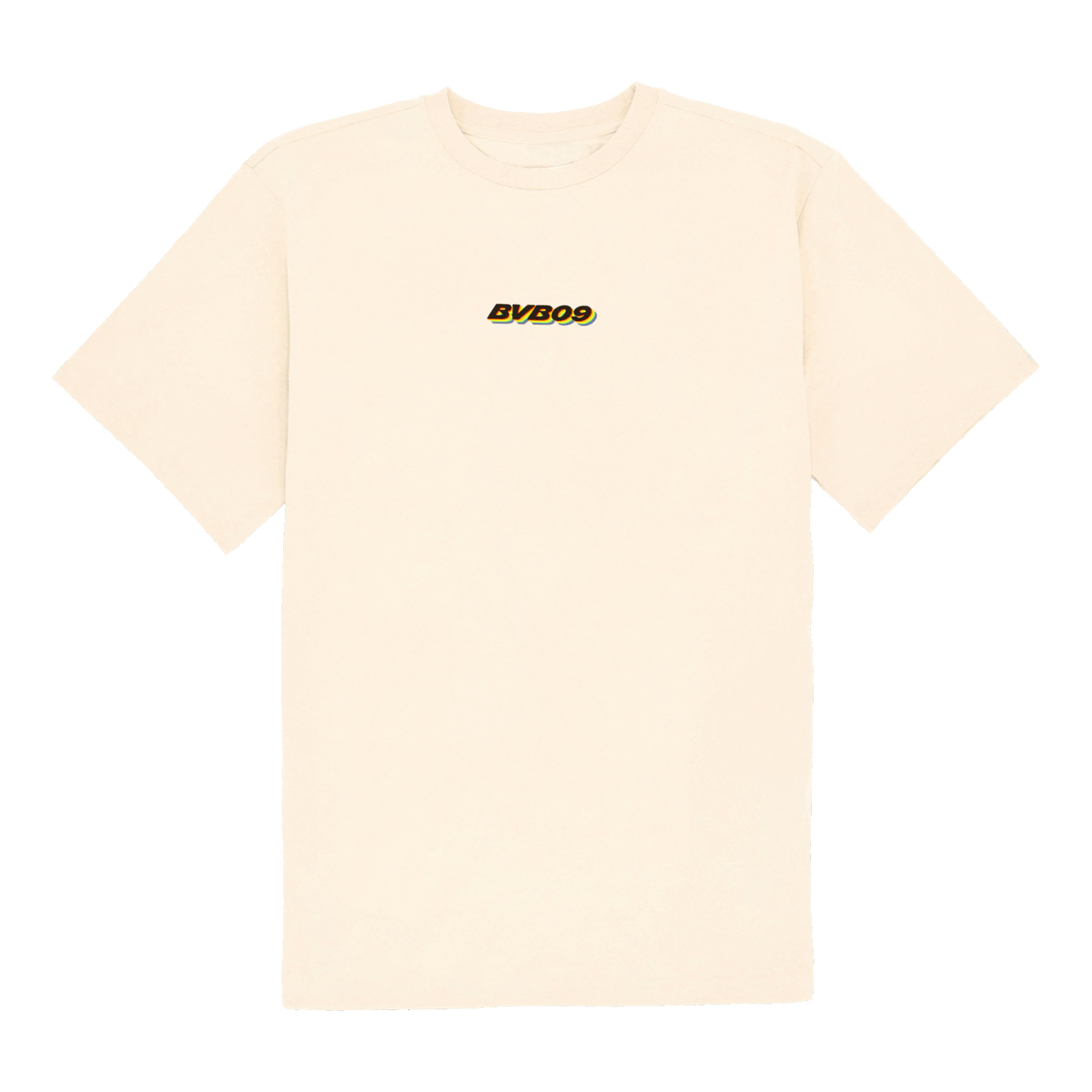 Schlichtes BVB Rainbow T-Shirt in Beige mit kleinem BVB09-Logo auf der Vorderseite, perfekt für Fans von Borussia Dortmund.