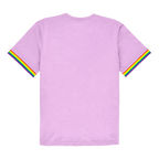 Purple BVB T-shirt with rainbow details on the sleeve cuffs; back view of the fan merchandise.