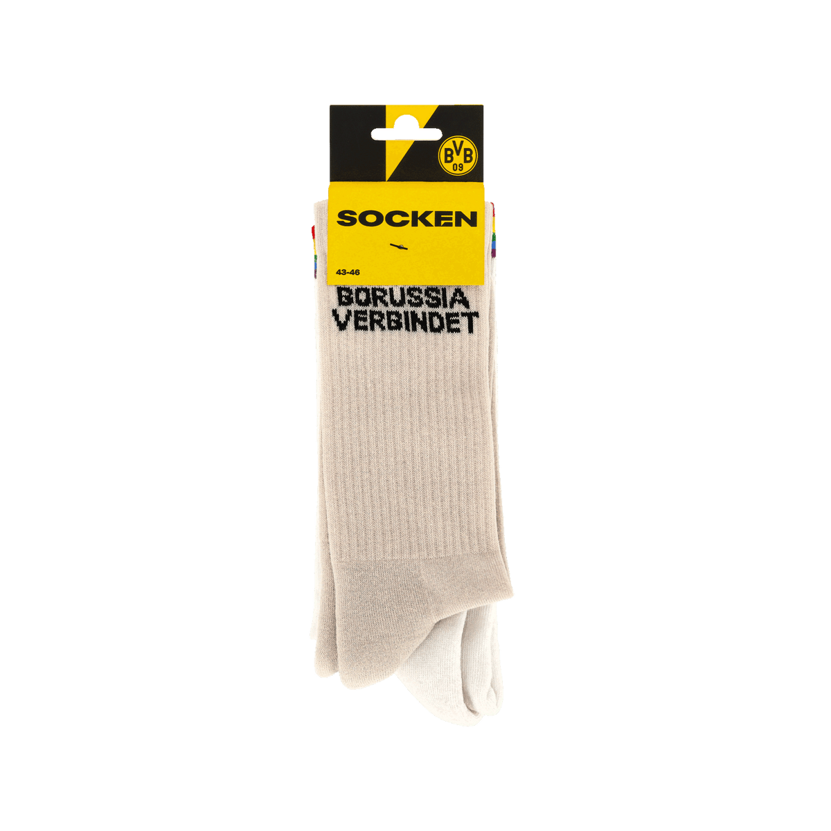 Set of 2 BVB socks in beige featuring the slogan "Borussia verbindet," the BVB logo, and black lettering on a yellow background. Perfect as fan merchandise for Borussia Dortmund fans.