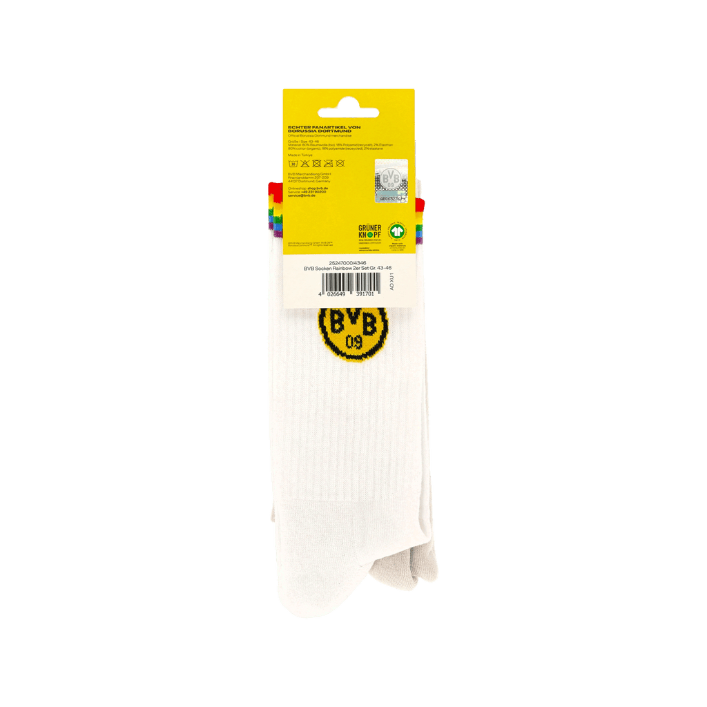 Set of two white BVB socks featuring the black-and-yellow BVB logo and rainbow stripes, perfect for Borussia Dortmund fans.