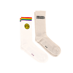 Set of two BVB Rainbow Socks in white: one pair features the BVB logo and rainbow stripes, and the other has the phrase "Borussia verbindet" printed on it.