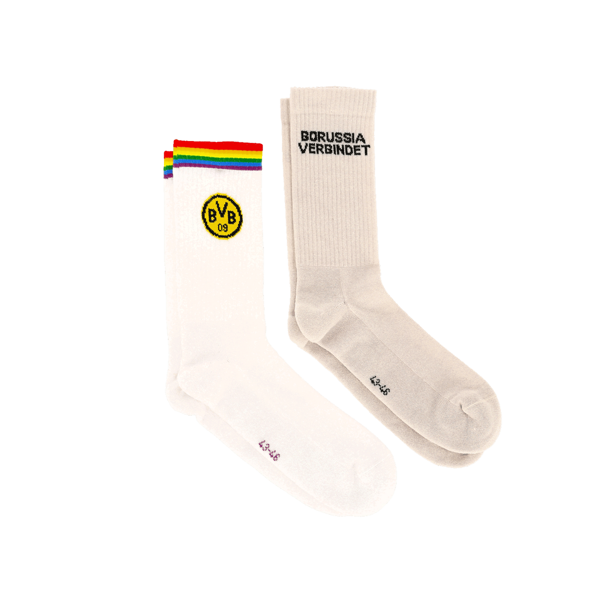 Lot de deux paires de chaussettes BVB Rainbow en blanc : une paire avec le logo du BVB et des rayures arc-en-ciel, l'autre avec l'inscription « Borussia verbindet ».