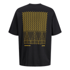 Schwarzes BVB T-Shirt mit gelbem grafischem Muster, Schriftzug 'Stadion Rote Erde' und 'Dortmund' auf der Rückseite, ideal für Borussia Dortmund Fans.