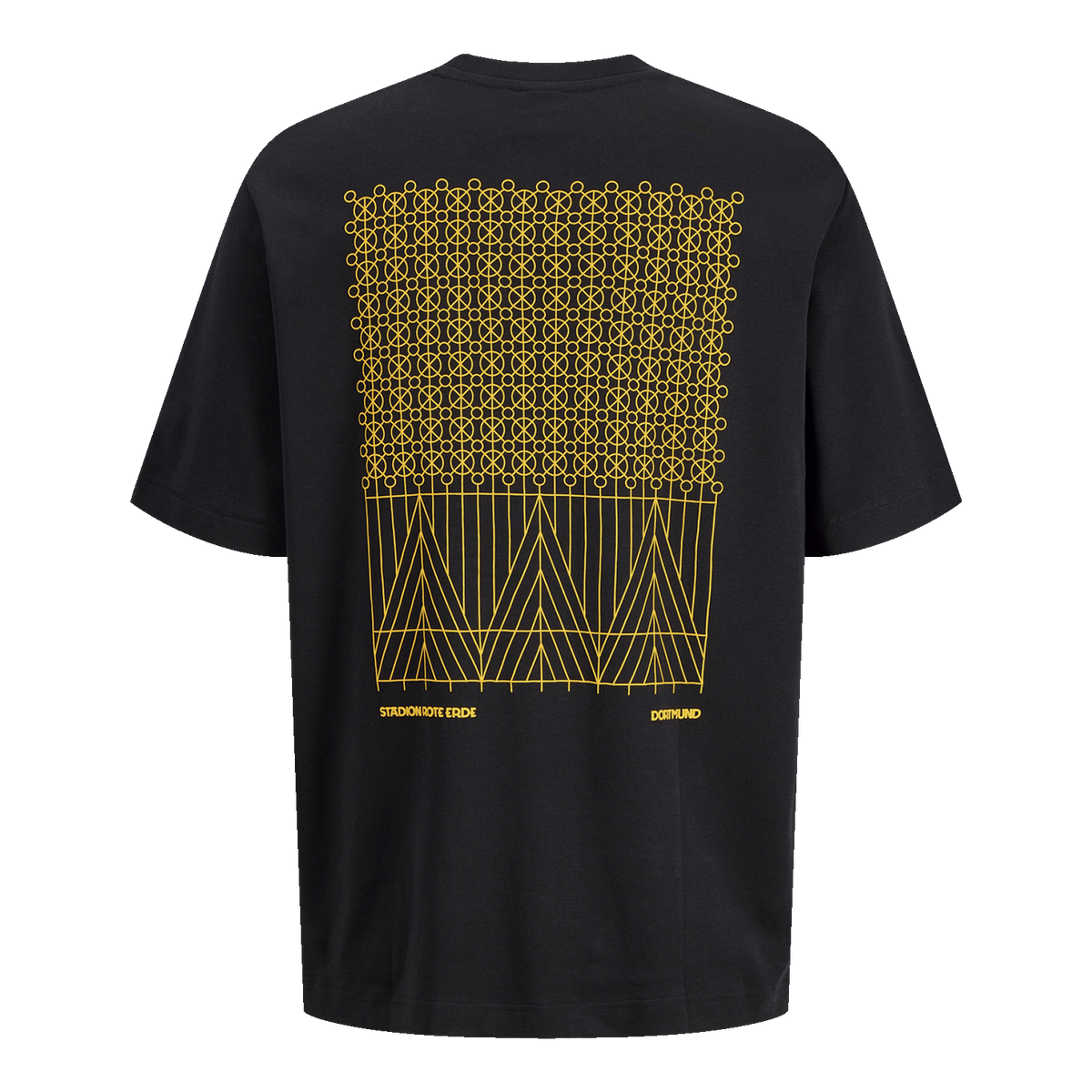 Schwarzes BVB T-Shirt mit gelbem grafischem Muster, Schriftzug 'Stadion Rote Erde' und 'Dortmund' auf der Rückseite, ideal für Borussia Dortmund Fans.