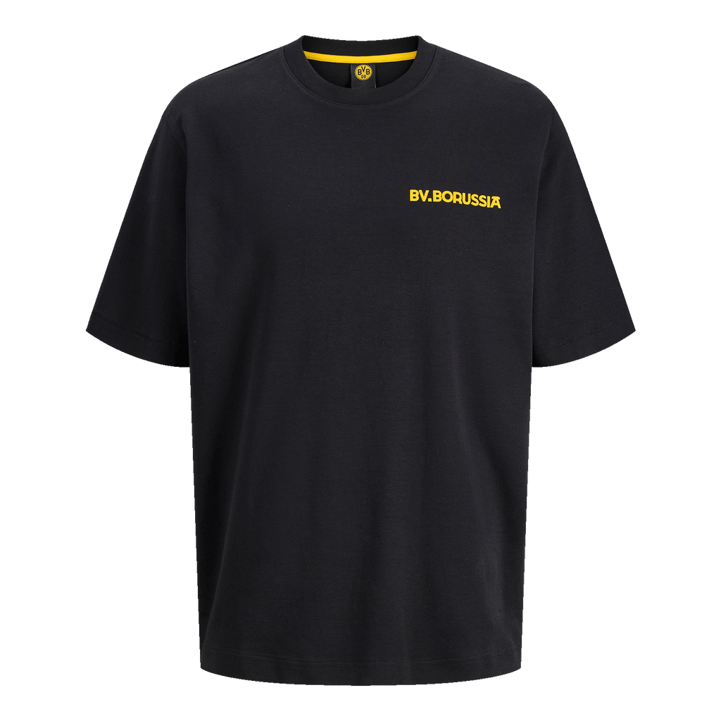 Schwarzes BVB-T-Shirt aus der Kollektion Rote Erde mit gelbem 'BV. BORUSSIA'-Schriftzug auf der Brust, ideal für Fans und Freizeit.