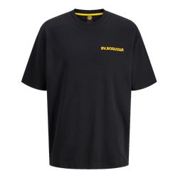 Black BVB T-shirt from the Rote Erde collection with yellow "BV. BORUSSIA" lettering on the chest, perfect for fans and casual wear.