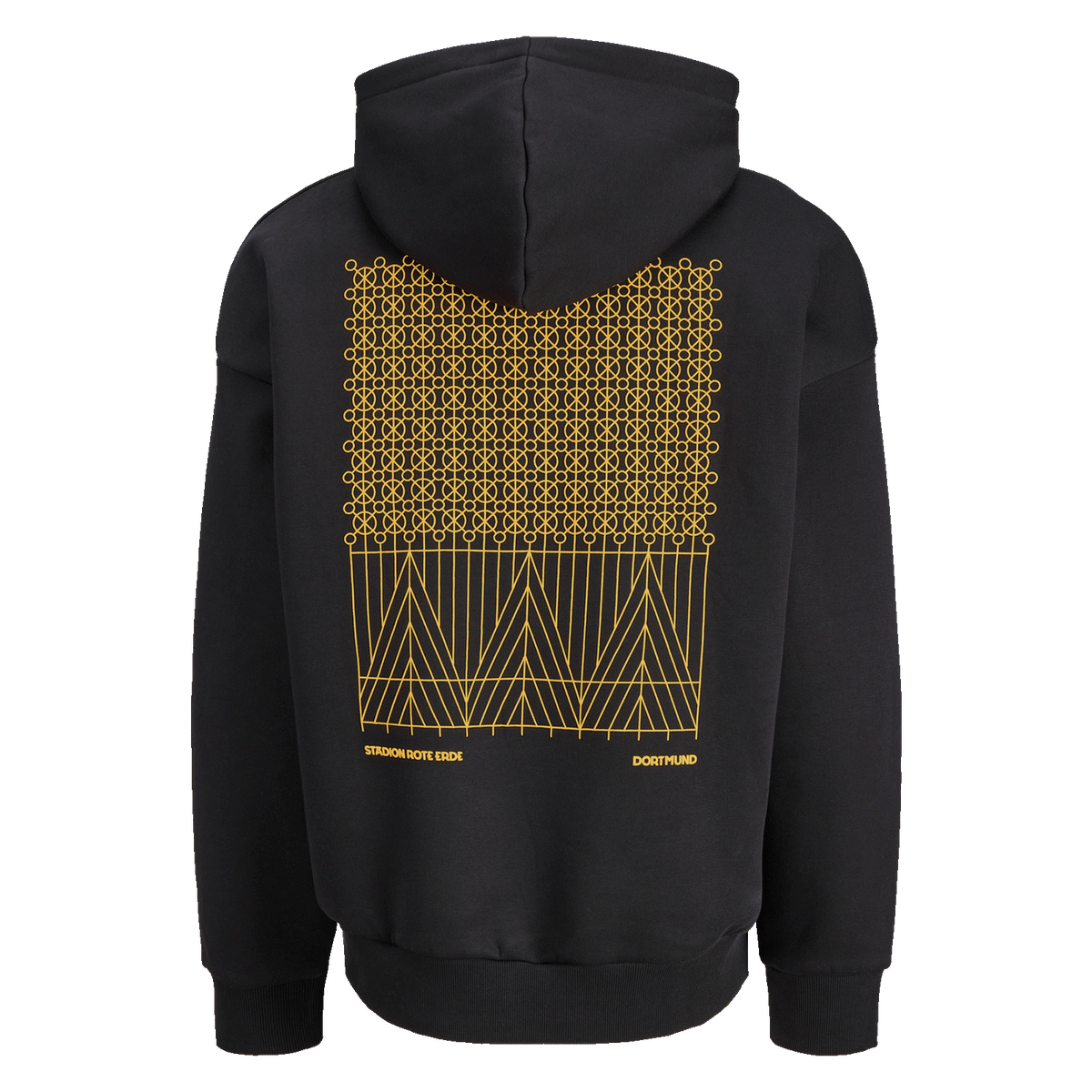 Felpa con cappuccio nera del BVB con un accattivante disegno giallo dello stadio “Rote Erde” sul retro. Ideale per i tifosi del Borussia Dortmund e per un look streetwear sportivo.