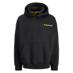 Der schwarze BVB-Hoodie 'Rote Erde' mit gelbem BV.BORUSSIA-Schriftzug auf der Brust, Kapuze und gemütlicher Kängurutasche, perfekter Fanartikel für Borussia Dortmund Fans.