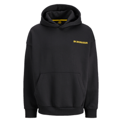 Le sweat à capuche noir du BVB « Rote Erde », avec l'inscription « BV.BORUSSIA » en jaune sur la poitrine, une capuche et une poche kangourou confortable : un article idéal pour les supporters du Borussia Dortmund.