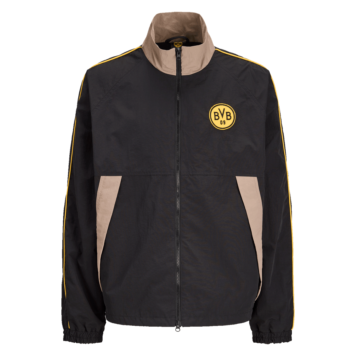 Schwarze BVB Trackjacket Rote Erde mit gelben Streifendetails und BVB 09-Logo auf der Vorderseite, ideal für Fans von Borussia Dortmund.