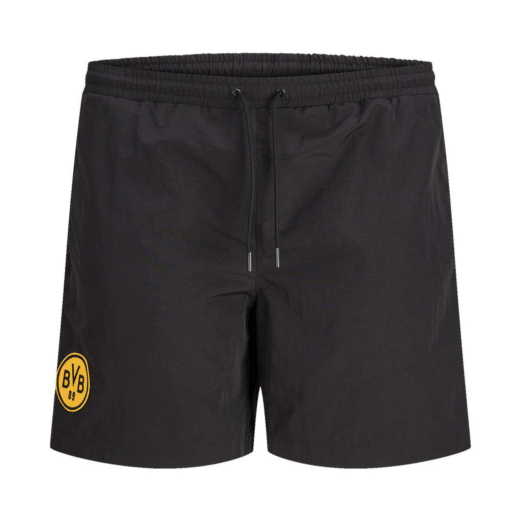 左脚に黄色のBVBロゴが入った黒のBVBトラックスhorts。ウエストはゴム入りでドローコード付き。ファンの方やスポーツ活動に最適です。