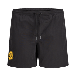Pantaloncini da ginnastica neri del BVB con logo giallo del BVB sulla gamba sinistra, vita elastica con cordoncino, perfetti per i tifosi e per le attività sportive.