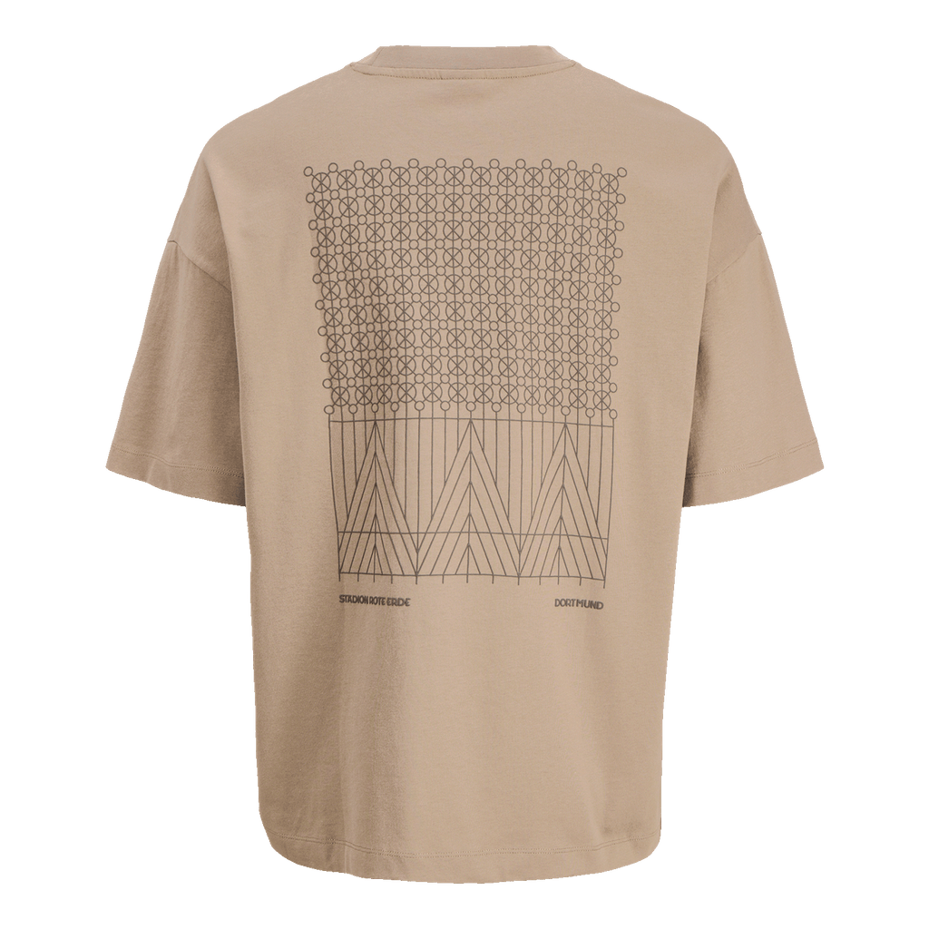 Das BVB T-Shirt Rote Erde Desert in Beige zeigt auf der Rückseite ein grafisches Muster sowie die Aufschrift 'Stadion Rote Erde - Dortmund'.
