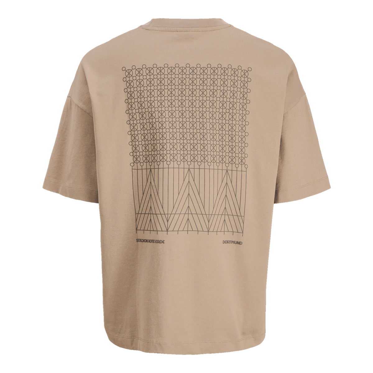 Das BVB T-Shirt Rote Erde Desert in Beige zeigt auf der Rückseite ein grafisches Muster sowie die Aufschrift 'Stadion Rote Erde - Dortmund'.