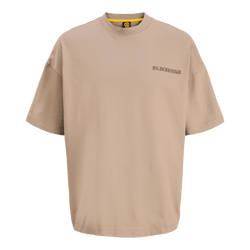 Beige BVB "Rote Erde Desert" cotton T-shirt, short-sleeved with subtle "BV.Borussia" lettering on the chest, ideal for Borussia Dortmund fans.