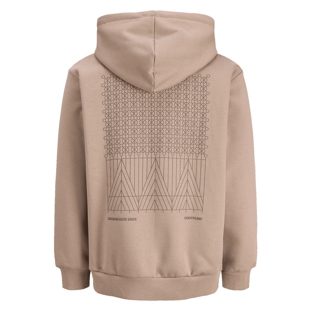 Giacca in felpa beige del BVB “Rote Erde Desert” con motivo geometrico sul retro, ideale per i tifosi del Borussia Dortmund.