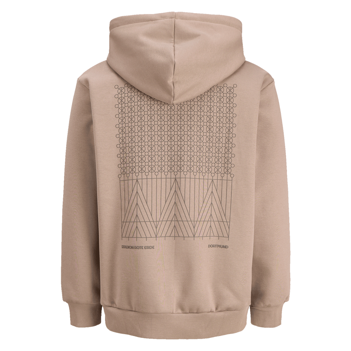 Beige BVB Sweatjacke Rote Erde Desert mit geometrischem Muster auf der Rückseite, ideal für Fans von Borussia Dortmund.