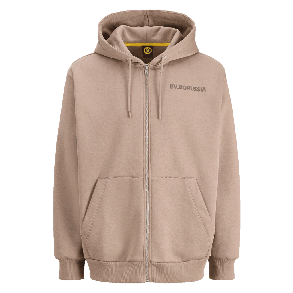 Giacca in felpa beige del BVB “Rote Erde Desert” con cappuccio e cerniera, ideale per i tifosi del Borussia Dortmund.