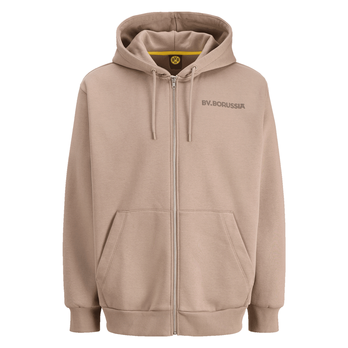 Chaqueta sudadera beige del BVB «Rote Erde Desert», con capucha y cremallera, ideal para los aficionados del Borussia Dortmund.