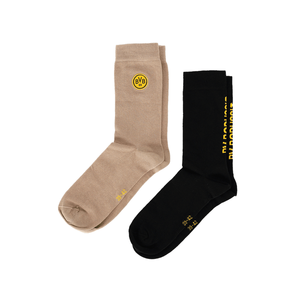 Set composto da due paia di calzini del BVB nei colori nero e beige con il logo del BVB, ideali per i tifosi del Borussia Dortmund.