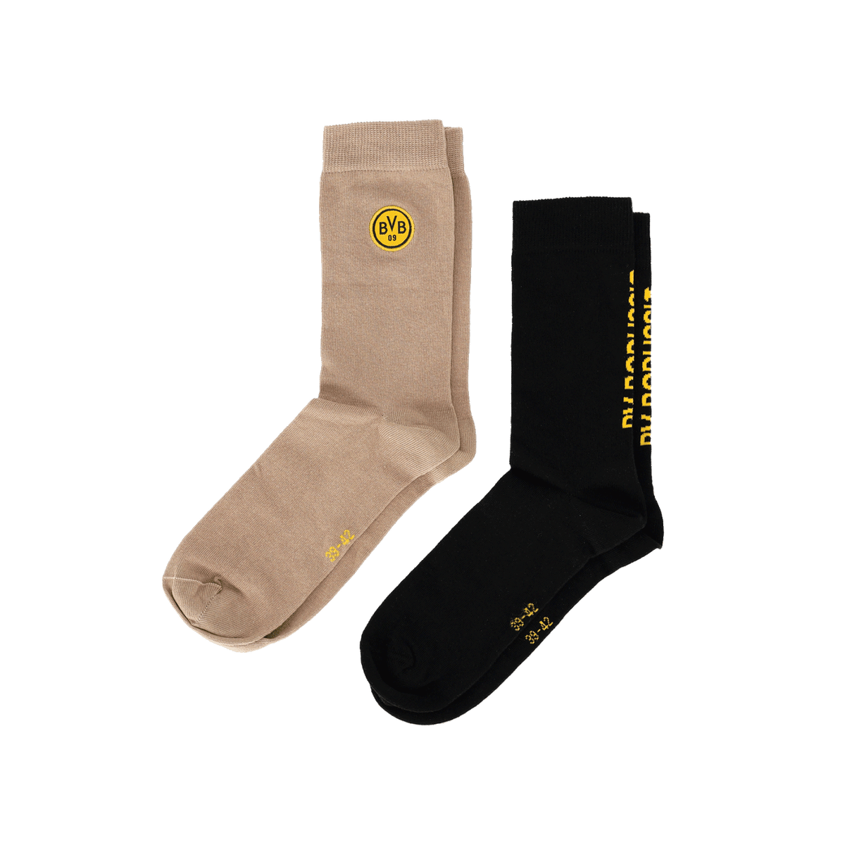 Set composto da due paia di calzini del BVB nei colori nero e beige con il logo del BVB, ideali per i tifosi del Borussia Dortmund.