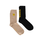 Set di 2 paia di calzini del BVB “Rote Erde”, composto da un paio nero con stampa gialla e un paio beige con il logo del BVB.
