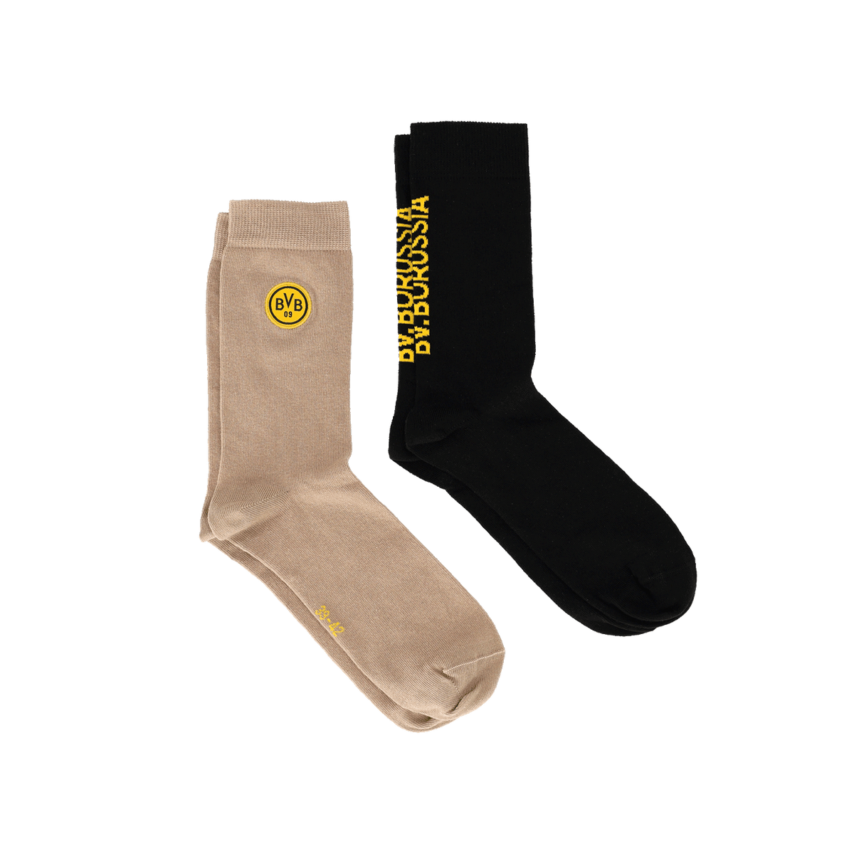 BVB-Socken 2-er Set 'Rote Erde' mit einem schwarzen Paar mit gelbem Druck und einem beigen Paar mit BVB-Logo.
