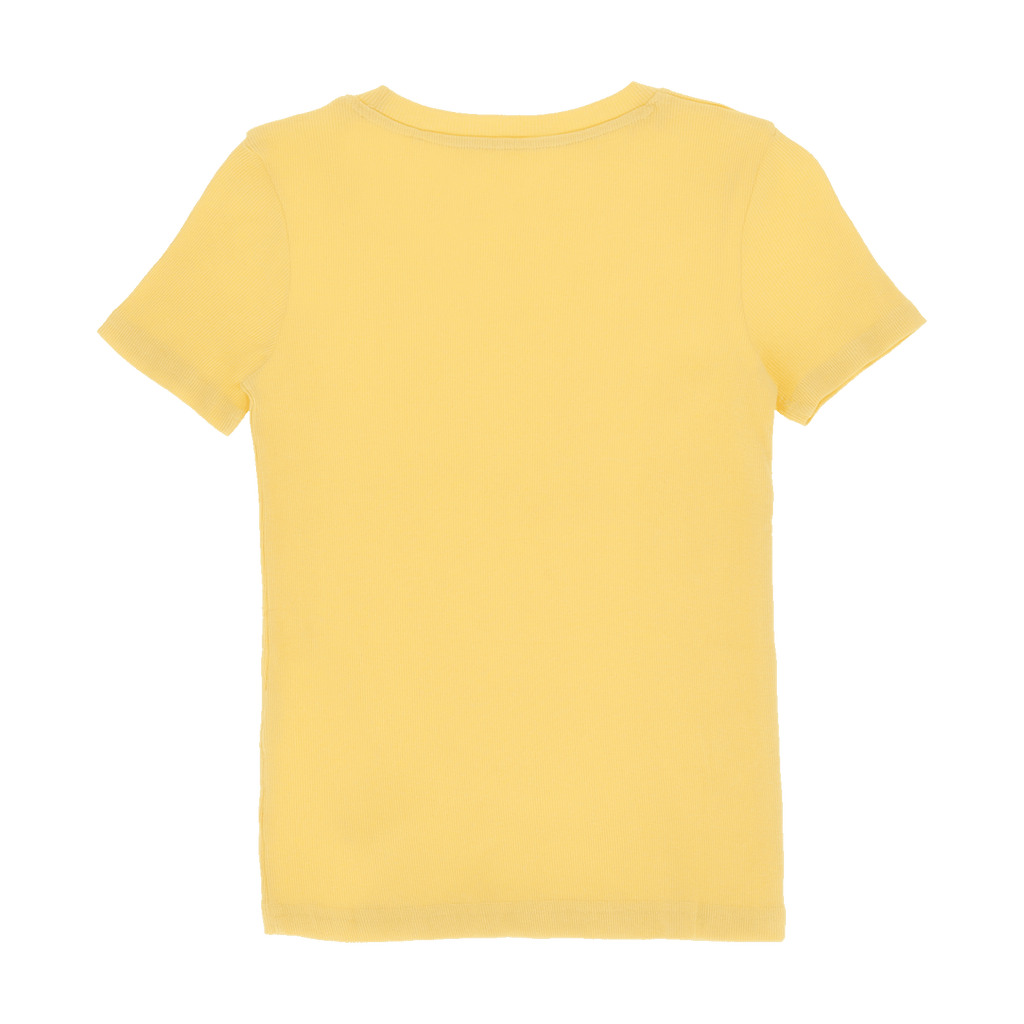 Vue de dos d'un t-shirt jaune du BVB pour femme, au design sobre et à manches courtes.