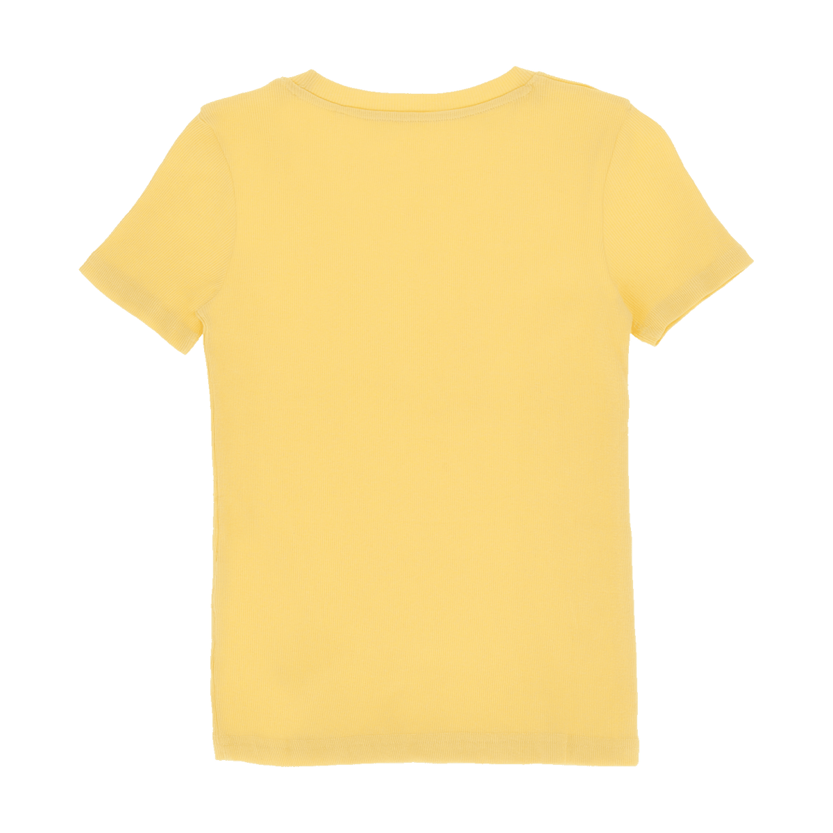 Rückansicht eines gelben BVB-T-Shirts für Frauen mit schlichtem Design und kurzen Ärmeln.