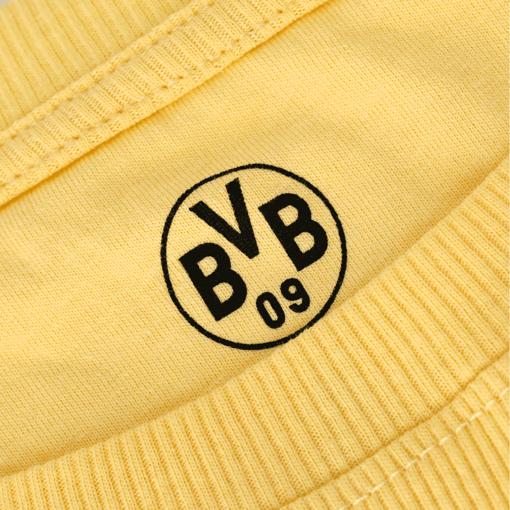 T-shirt jaune BVB pour femme, orné du logo BVB 09 imprimé et au style sportif.