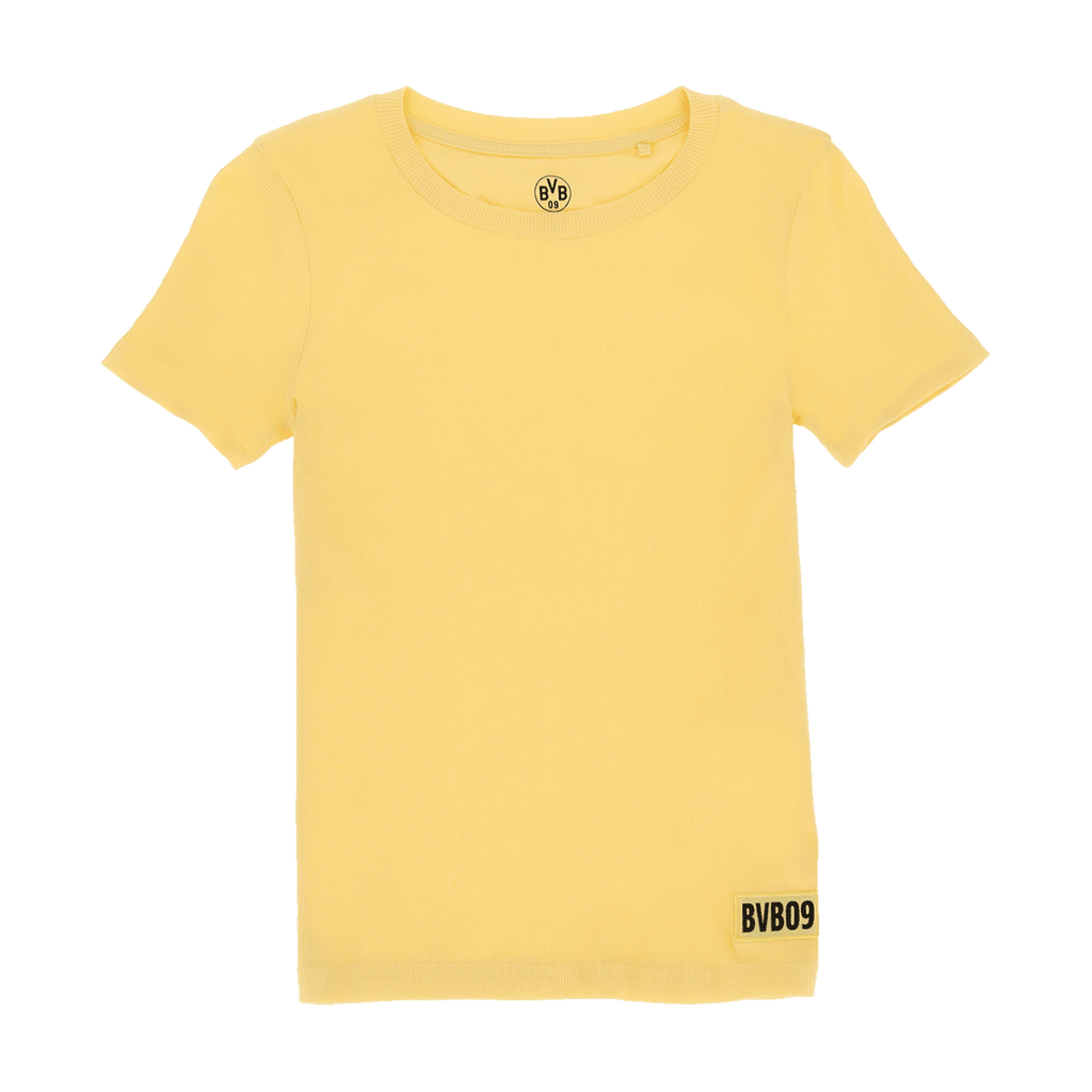 T-shirt jaune « Sun » du BVB pour femme, à manches courtes, avec le logo BVB09 sur l'ourlet inférieur. Parfait pour les fans du Borussia Dortmund.